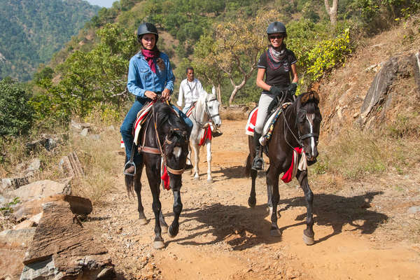Trail riding in Rajasthan, with riders on Marwari horses