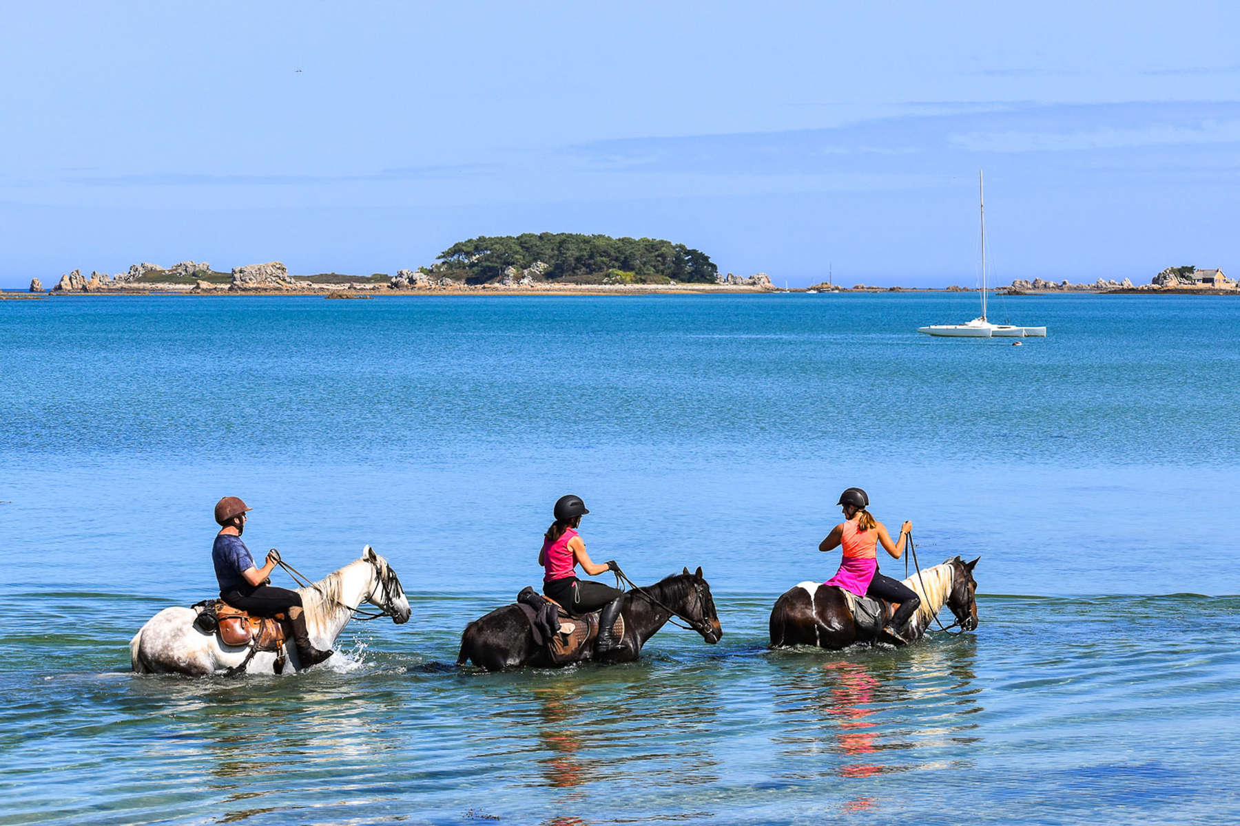 Horses and riders in the ocean in brittany